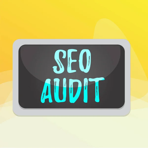 Schrijfbriefje met Seo Audit. Zakelijke foto presentatie Search Engine Optimalisatie valideren en verifiëren proces Board rechthoek wit frame leeg lege ruimte vaste kleur oppervlak plank. — Stockfoto