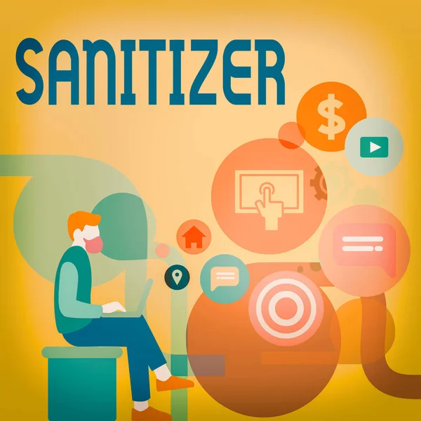 Word writing text Sanitizer. Geschäftskonzept für Flüssigkeit oder Gel im Allgemeinen verwendet, um Infektionserreger zu verringern Mann sitzt mit Laptop auf seinem Schoß und SEO-Treiber-Icons auf Leerraum. — Stockfoto