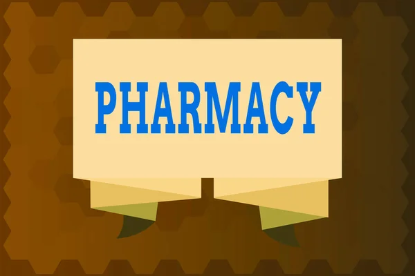 Text sign showing Pharmacy. Conceptual photo shop or hospital dispensary where medicinal drugs are sold Ribbon Sash Folded and Pleated Decorative Banner Strip corrugated Riband. — Stock Photo, Image