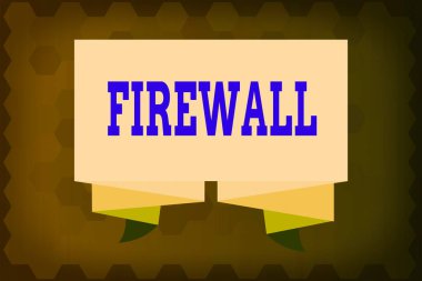 Firewall 'ı gösteren mesaj işareti. Kavramsal fotoğraf koruma ağı veya sistemi güvenlik duvarı şeridi şeritli ve katlanmış dekoratif bantlı izinsiz erişimden korur..