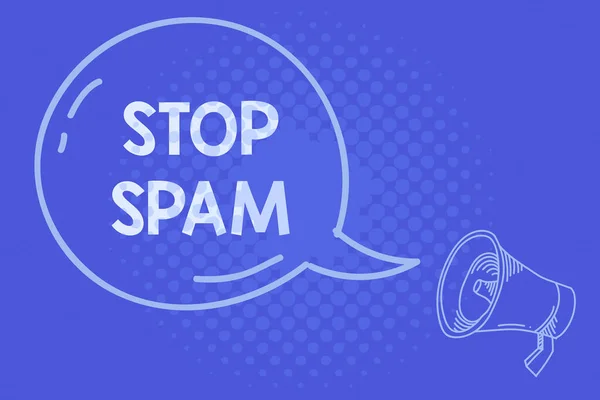 Znak tekstowy pokazujący Stop Spam. Conceptual photo end the Intrusive or Intrusive messages sent on the Internet Blank Transparent Speech Bubble with Shining icon and Outline Megaphone. — Zdjęcie stockowe