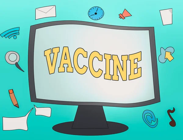 Texte manuscrit Vaccin. Concept signifiant préparation de micro-organismes tués ou d'organismes vivants atténués icônes du logiciel d'application Web entourant le moniteur d'ordinateur monté à blanc. — Photo