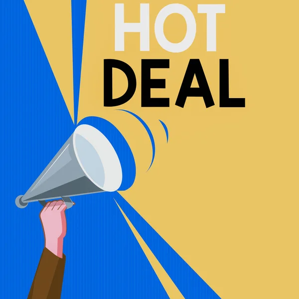 Pisanie tekstu Hot Deal. Koncepcja biznesowa umowy, dzięki której jeden z pasztecików jest oferowany i akceptuje analizę Hu Hand Holding Up Megaphone with Volume Sound Range Pitch Power. — Zdjęcie stockowe