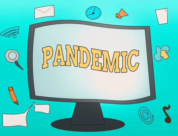 Pandemia di testi scritti a mano. Concetto significato che si verificano su una vasta area che colpisce alta percentuale di popolazione Web Application Software icone circostante Monitor per computer montato vuoto. — Foto Stock