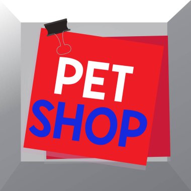 Pet Shop 'u gösteren kavramsal el yazısı. Halka farklı hayvan türleri satan iş fotoğrafçılığı işi. Kağıt yapıştırıcı, renkli arka plan hatırlatma bildirisi..