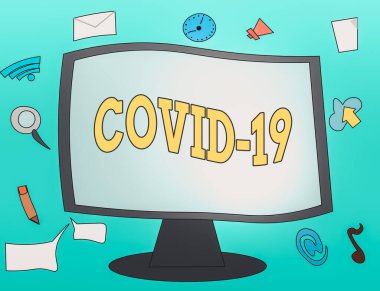 Covid19 'un el yazısı. Coronavirus Web Uygulama Yazılım simgeleri Boş Bağlı Bilgisayar İzleyicisini çevreleyen hafif ve şiddetli solunum hastalıklarına neden olan kavram.