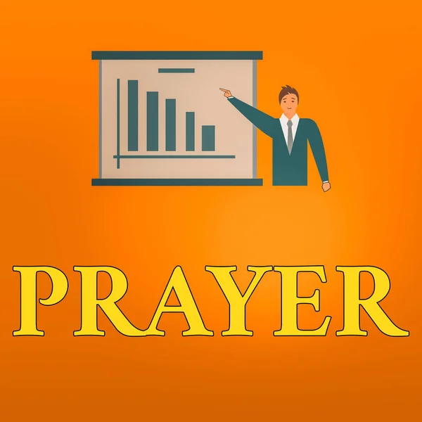 Writing note showing Prayer. Business photo showcasing solemn request for help or expression of thanks addressed to God Man in Business Suit Pointing a Board Bar Chart Copy Space. — Stock Photo, Image