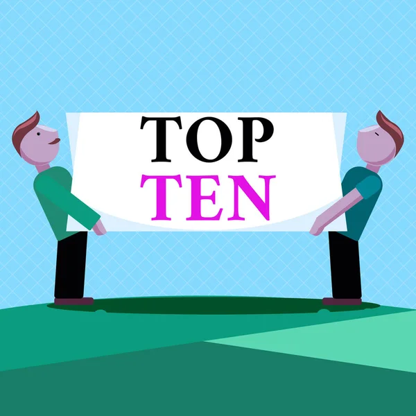 Tekst på topp 10-listen. Forretningskonsept for de ti mest populære sangene eller innspillingene på hitlistene Two Men Standing Carrying Rectangular Blank Board on Both Sides . – stockfoto