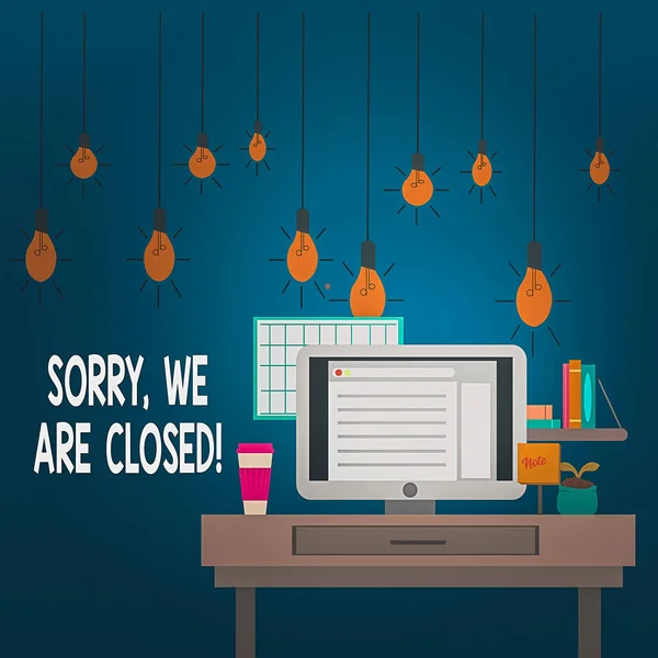 単語の書き込みテキスト申し訳ありません、私たちは閉じました。室内作業場の特定の時間内に業務を停止したことを謝罪するためのビジネスコンセプト技術者の概念. — ストック写真