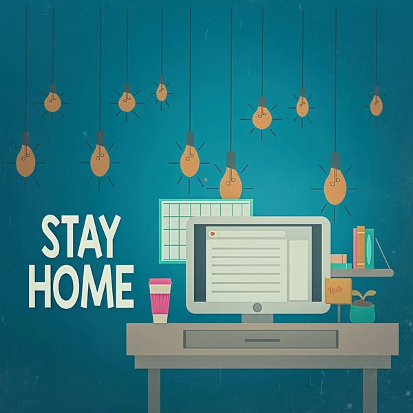 Word writing text Stay Home. Business-Konzept für nicht gehen für eine Aktivität und Aufenthalt im Haus oder zu Hause Foto von Interior Working Space Station Konzept der technischen Person. — Stockfoto