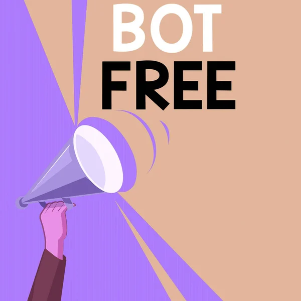 Psaní textu Bot Free. Obchodní koncept pro počítačový program, který pracuje automaticky Internet roboti Hu analýza Ruční držení nahoru Megaphone s rozsahem hlasitosti ozvučení Rozteč Power. — Stock fotografie