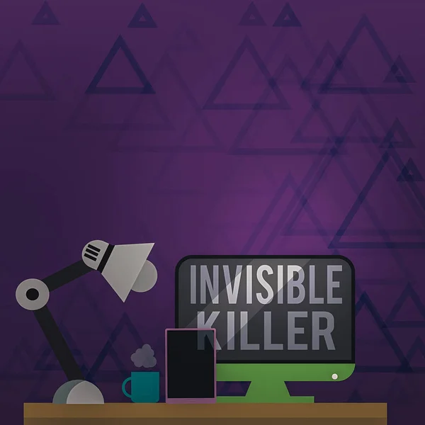 A Láthatatlan Gyilkost ábrázoló levél. Üzleti fotó bemutatja jelenlétét a levegőben egy anyag, amely káros elrendezése éjszakai műszakban dolgozó Computer Tablet és lámpa. — Stock Fotó