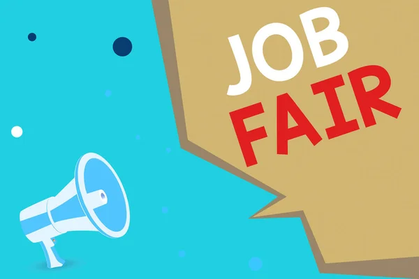 Conceptual hand writing showing Job Fair. Business photo showcasing event in which employers recruiters give information to employees Megaphone Loudspeaker and Geometric shape Half Speech Bubble. — Stock Photo, Image