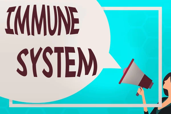 Text sign showing Immune System. Conceptual photo Complex network work together to defend against germs Huge Blank Speech Bubble Round Shape. Slim Woman Holding Colorful Megaphone. — Stock Photo, Image