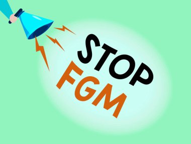 Stop Fgm 'i gösteren kavramsal el yazısı. İş fotoğrafı gösterimi Genital kesim ve sünnet Hu analizine Yıldırım Ses Efekti ile Megafon Tutma.