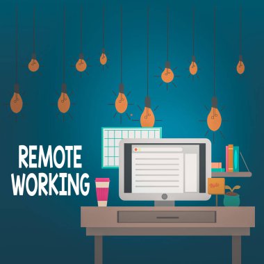 Kelime yazma Uzaktan Çalışması. Profesyonellerin İç İşleri Uzay İstasyonu Teknik Kişilik kavramının ofis fotoğrafı dışında çalışmalarına olanak sağlayan bir tarz konsepti.