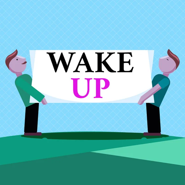 문자를 보내면 잠에서 깨어 난다. Business concept for an instance of a demonstrating waking up or being woken up Rise up Two Men Standing Carrying Rectangular Blank Panel Board on Both Sides. — 스톡 사진