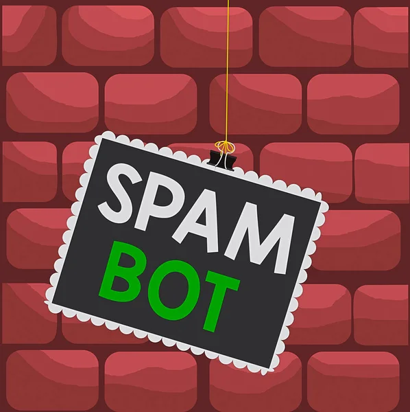 Tekst pisma Spam Bot. Koncepcja oznacza autonomiczny program w Internecie, który wysyła spam do użytkowników Znaczek zablokowany spinacz spinacze spinacze kwadratowy kolor ramki zaokrąglone końcówki naklejki. — Zdjęcie stockowe