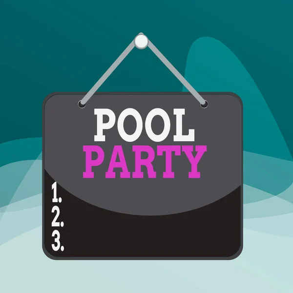 Writing note showing Pool Party. Business photo showcasing celebration that includes activitites in a swimming pool Memo reminder empty board attached background rectangle.