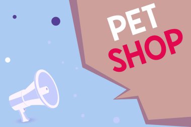 Pet Shop 'u gösteren kavramsal el yazısı. Halka açık megafon hoparlörlerine ve Geometrik şekilli yarım konuşma baloncuğuna farklı hayvan türleri satan perakende satış işi..