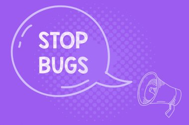 Stop Bugs 'ı gösteren mesaj işareti. Kavramsal fotoğraf. Kan emen küçük bir böcek ya da benzeri bir yaratıktan kurtul. Parlak ikon ve ana hatlarıyla boş şeffaf konuşma balonu..