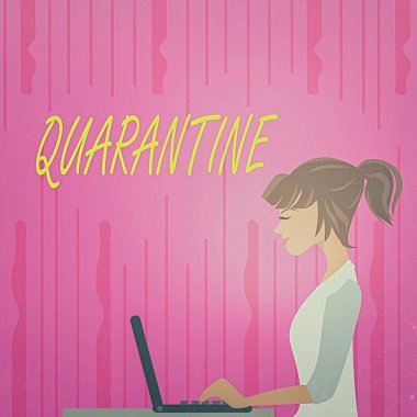 Mesaj işareti karantinayı gösteriyor. Kişisel faaliyetler üzerine kavramsal fotoğraf kısıtlaması ya da Genç Meşgul Kadın Oturan Yan Görünüm 'ün mal taşımacılığı ve dizüstü bilgisayarı üzerinde çalışma.