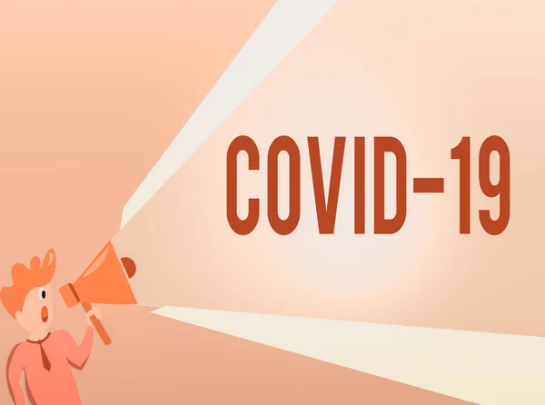 Writing note showing Covid19. Business photo showcasing mild to severe respiratory illness that is caused by a coronavirus Man Talking Holding Megaphone Extended Volume Pitch Power. — Stock Photo, Image