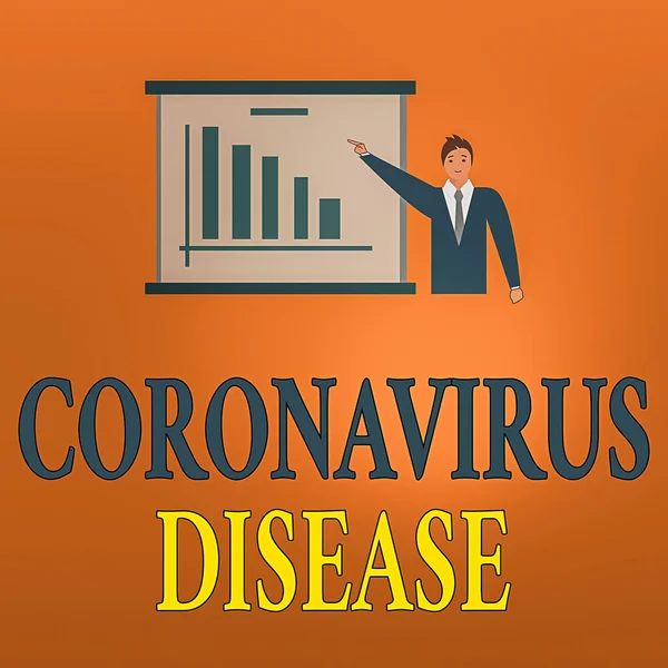 Escribiendo una nota que muestra la enfermedad por Coronavirus. Muestra de fotos de negocios definida como enfermedad causada por un nuevo virus SARSCoV2 Hombre en traje de negocios Señalando una tabla de barras Copiar espacio . —  Fotos de Stock