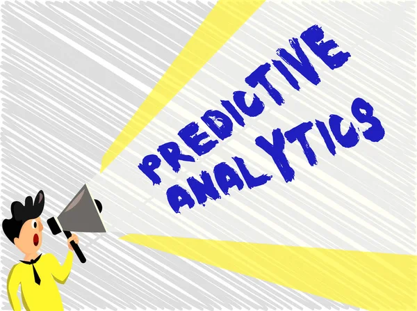 Word writing text Predictive Analytics. Business concept for Optimize Collection Achieve CRM Identify Customer Man Standing Talking Holding Megaphone with Extended Volume Pitch Power.