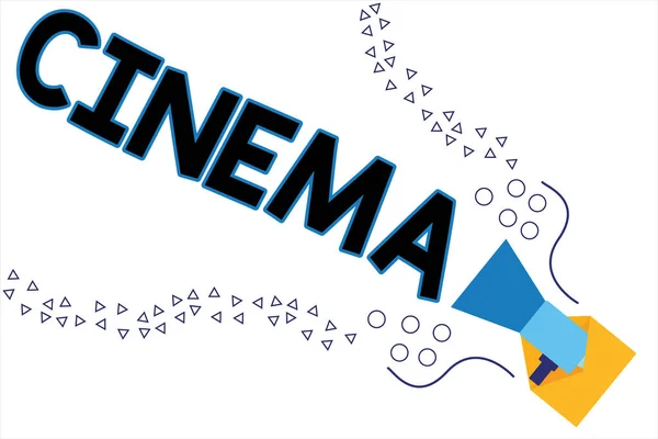 Ordskrivning text Cinema. Affärsidé för teater där filmer visas för offentlig underhållning Filmteater Megafone kommer ut ur ett öppet kuvert som meddelar tal och samtal. — Stockfoto