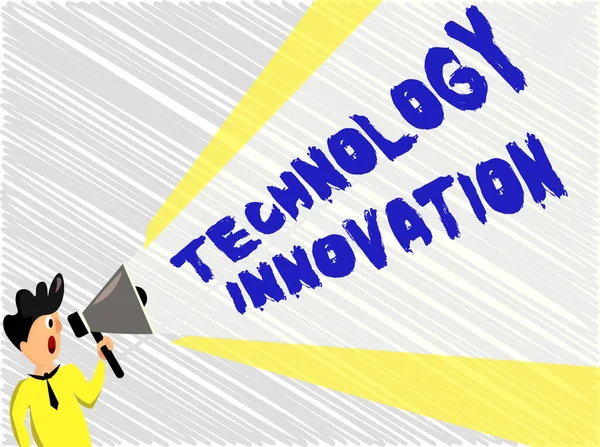Word writing text Technology Innovation. Business concept for advanced net connected devices a Creative Technique Man Standing Talking Holding Megaphone with Extended Volume Pitch Power. — Stock Photo, Image