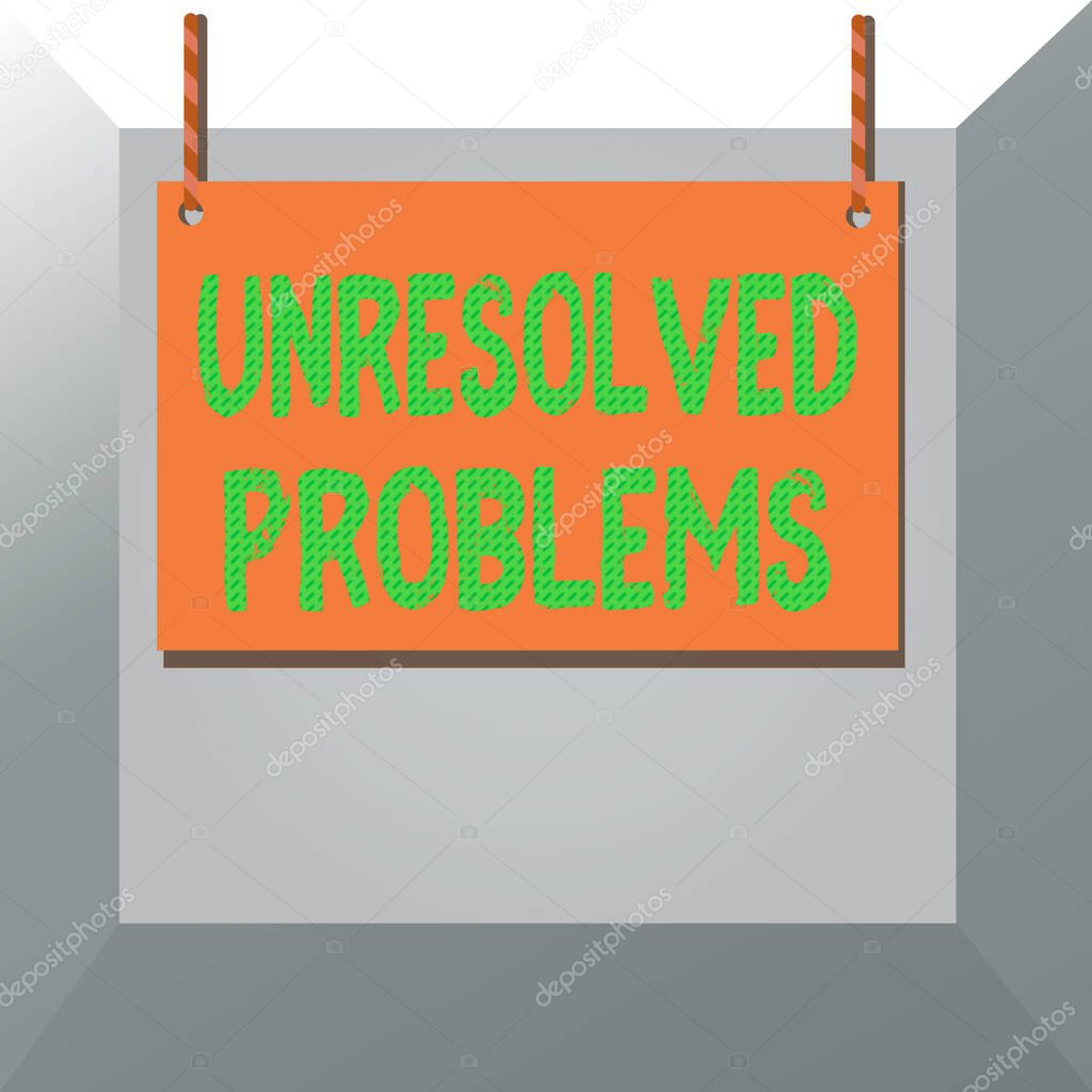 Conceptual hand writing showing Unresolved Problems. Business photo showcasing those Queries no one can answer Unanswerable Questions Wooden board wood empty frame fixed colorful striped string.
