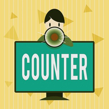 El yazısı metin sayacı. Konsept, bir mağazada veya bir bankada işlem yapmak için kullanılan bir yüzey anlamına gelir Monitörlü PC Monitör Konuşması ve Megaphone Tutma arkasında duran.