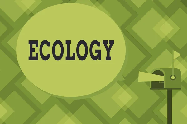 Skrivanteckning som visar ekologi. Företagsfoto visa upp Filial av vetenskap relation organismer miljö Vetenskaplig studie Megafon i flagga upp brevlåda Meddelande Direkt marknadsföring Dialog box. — Stockfoto