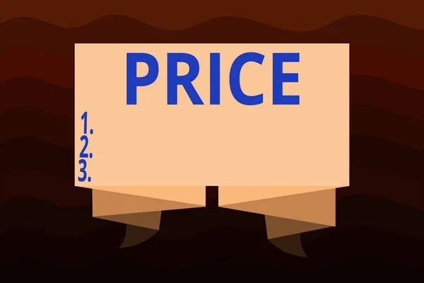 Handwriting text Price. Concept meaning the amount of money expected or required in payment for something Ribbon Sash Folded and Pleated Decorative Banner Strip corrugated Riband. — Stock Photo, Image