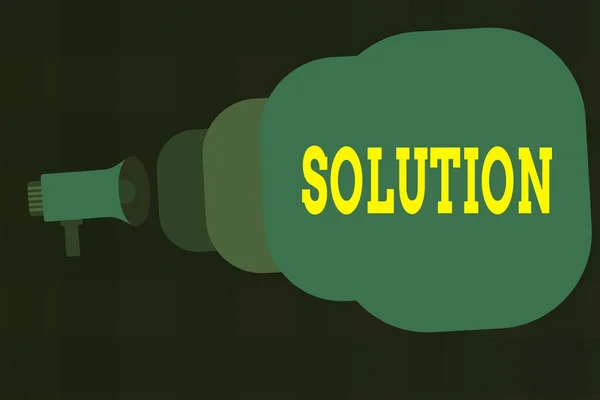 Text sign showing Solution. Conceptual photo a means of solving a problem or dealing with a difficult situation Megaphone making public announcement Speech Bubble gets bigger and nearer. — Stock Photo, Image