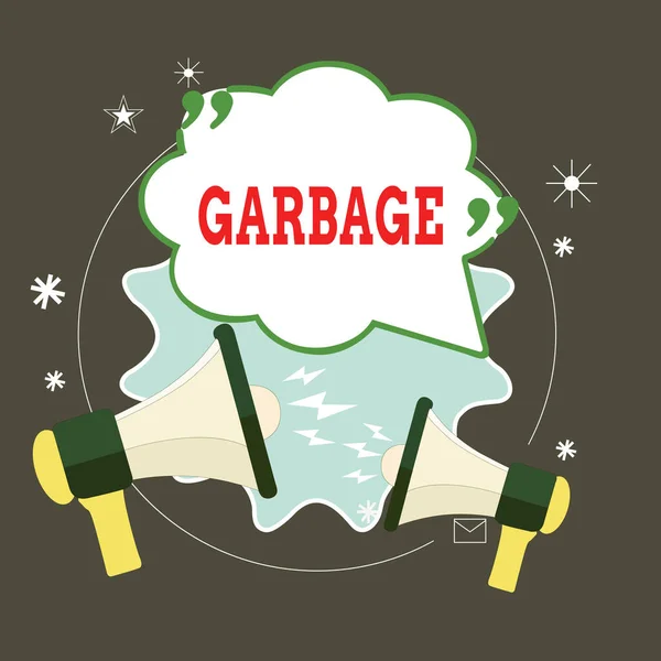 Conceptual hand writing showing Garbage. Business photo text waste material or unwanted things that you throw away Rubbish Speech Bubble with Quotation Mark Megaphones shouting and Arguing. — Stock Photo, Image
