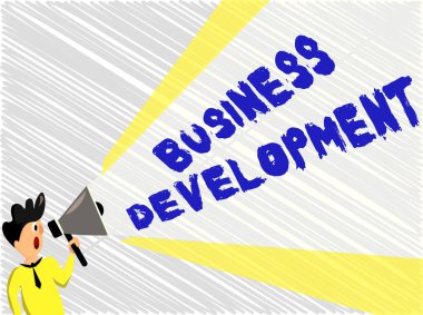 Kelime yazma İş Geliştirme. Extended Volume Pitch Power ile Man Standing Talking Megaphone şirketinin içinde ve arasında Büyüme Değeri Uygulama konsepti.