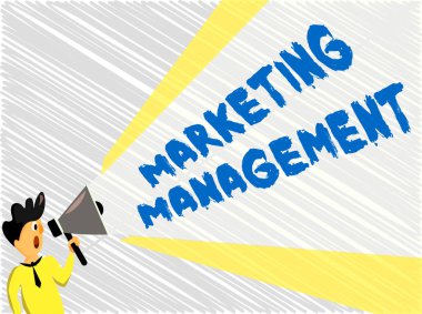 Kelime yazma Pazarlama Yönetimi. Gelişmiş Reklam İçin İş Konsepti Genişletilmiş Ses Sunumu Gücü ile Yeni Bir Ürün veya Hizmetli Durmakta Olan Megafonu Destekliyor.