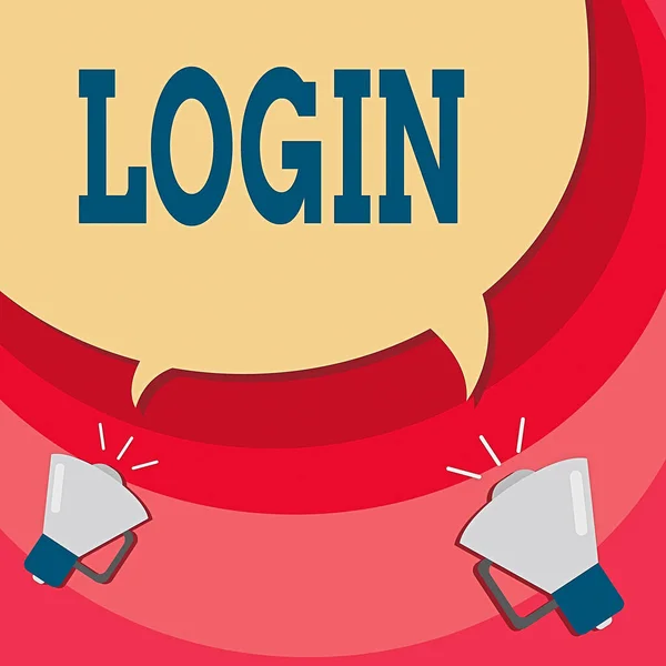 Scrittura di testo a mano Login. Concetto significato Entrare nel sito Web Blog utilizzando username e password Registrazione Mezzitoni Blank Speech Bubble Two Tails che punta a Megafono diverso . — Foto Stock