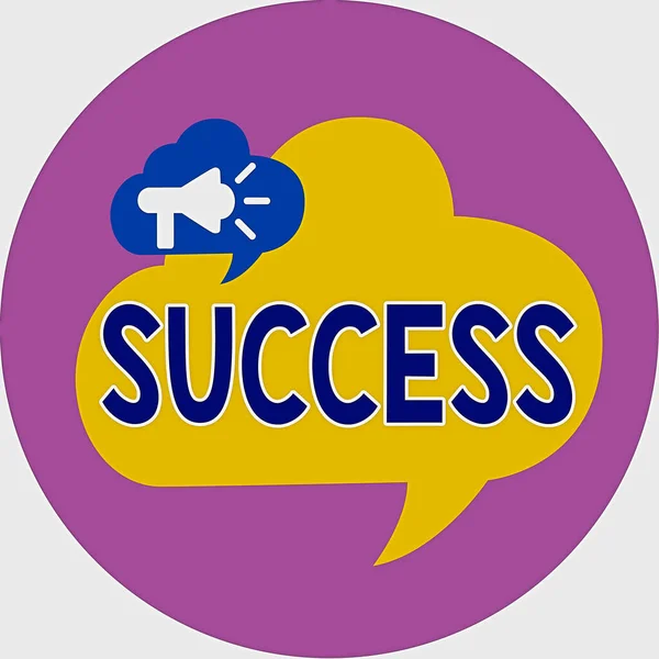 Text sign showing Success. Conceptual photo accomplishment aim purpose good or bad outcome of undertaking Megaphone in Speech Bubble Announcing Text Balloon Overlay Inside Circle. — Stock Photo, Image