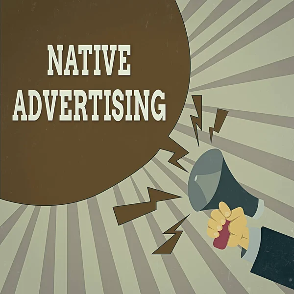 Handwriting text Native Advertising. Concept meaning Online Paid Ads Match the Form Function of Webpage Male Hu analysis Hand Holding Megaphone Shouting Yelling and Blank Speech Bubble.