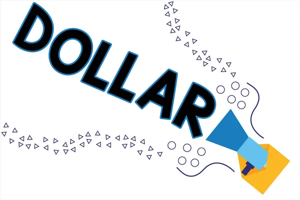 Wortschreibtext Dollar. Geschäftsidee für ein Stück Papiergeld im Wert von einem Dollar Federal Reserve-Schein Megaphon aus einem offenen Umschlag, das Reden und Reden ankündigt. — Stockfoto