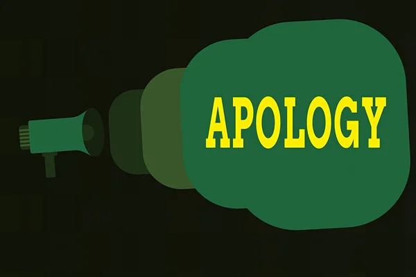 Text sign showing Apology. Conceptual photo a written or spoken expression of one s is regret remorse or sorrow Megaphone making public announcement Speech Bubble gets bigger and nearer. — Stock Photo, Image