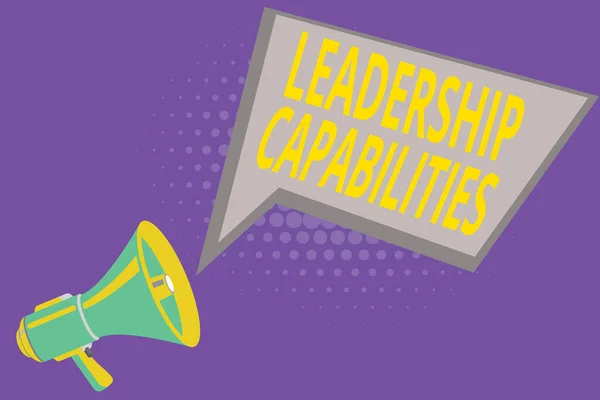 Text sign showing Leadership Capabilities. Conceptual photo Set of Performance Expectations a Leader Competency Megaphone Loudspeaker and Blank Geometric shape Halftone Speech Bubble.