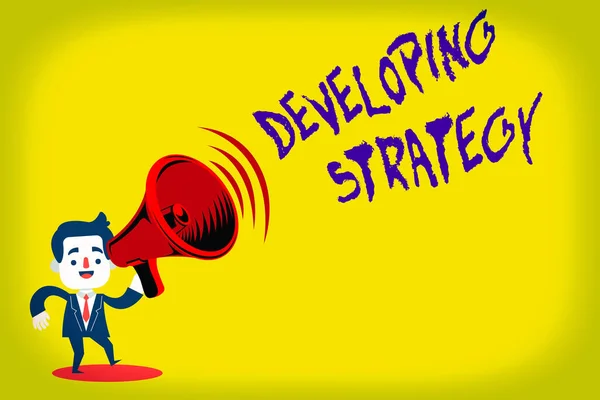 개발 전략에 관한 문서 작성. 개념 이 의미하는 것은 조직 과정 변화 (Organizations Process Changes to reach Objectives Man in Suit Earpad Standing moving a Megaphone with Sound icon. — 스톡 사진