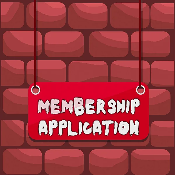 Handwriting text writing Membership Application. Concept meaning Gateway to any organization to check if Eligible Board color background plank attached string panel rectangle empty surface.