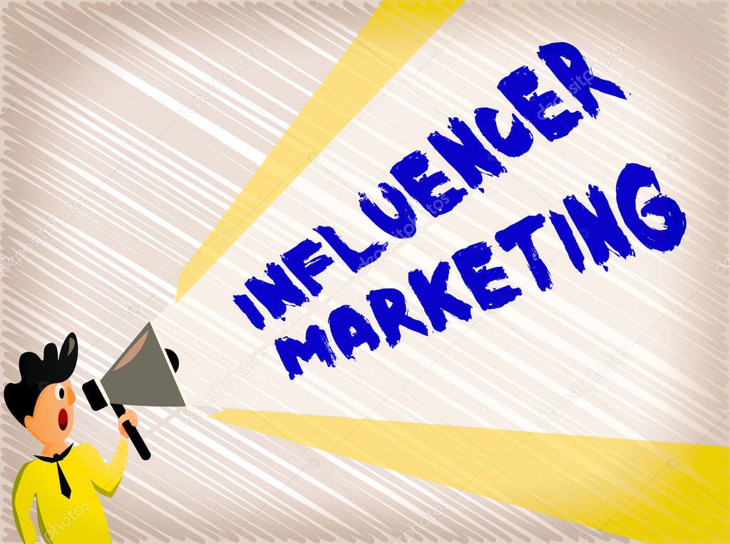Word writing text Influencer Marketing. Business concept for Endorser who Influence Potential Target Customers Man Standing Talking Holding Megaphone with Extended Volume Pitch Power.