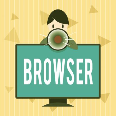 El yazısı metin tarayıcısı. Monte edilmiş PC Monitör Konuşan ve Megaphone Tutan HTML dosyalarını görüntüleyen bilgisayar programı grafiksel kullanıcı arayüzü kavramını kavra.
