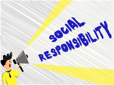 Kelime yazma Sosyal Sorumluluk. Toplumun Yararları İçin Toplumun Yararına İlişkin İş Konsepti İnsan Uzatılmış Ses Perdesi Gücü ile Konuşan Megafon.